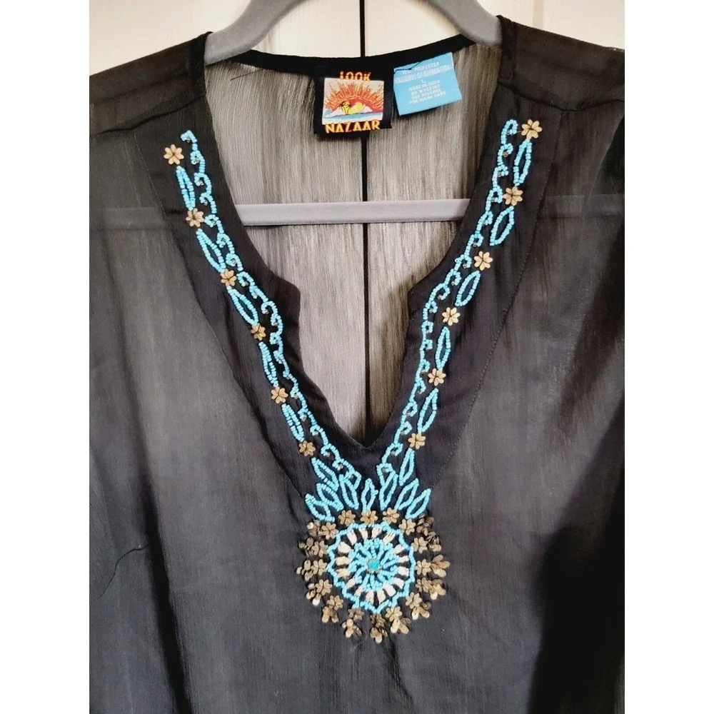Look Nazaar‎ L Black Sheer Beaded Kaftan Tunic Swimsuit Cover Up Top Large